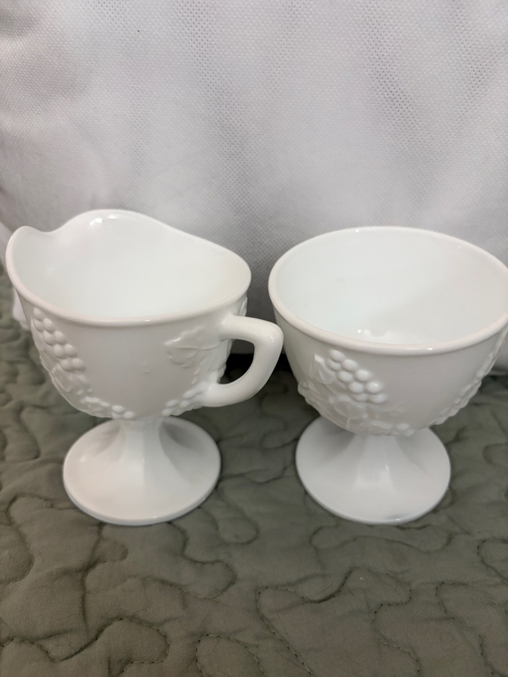 Milk Glass Pedestal Creamer / Sugar Set harvest Grape pattern Indian glass co.